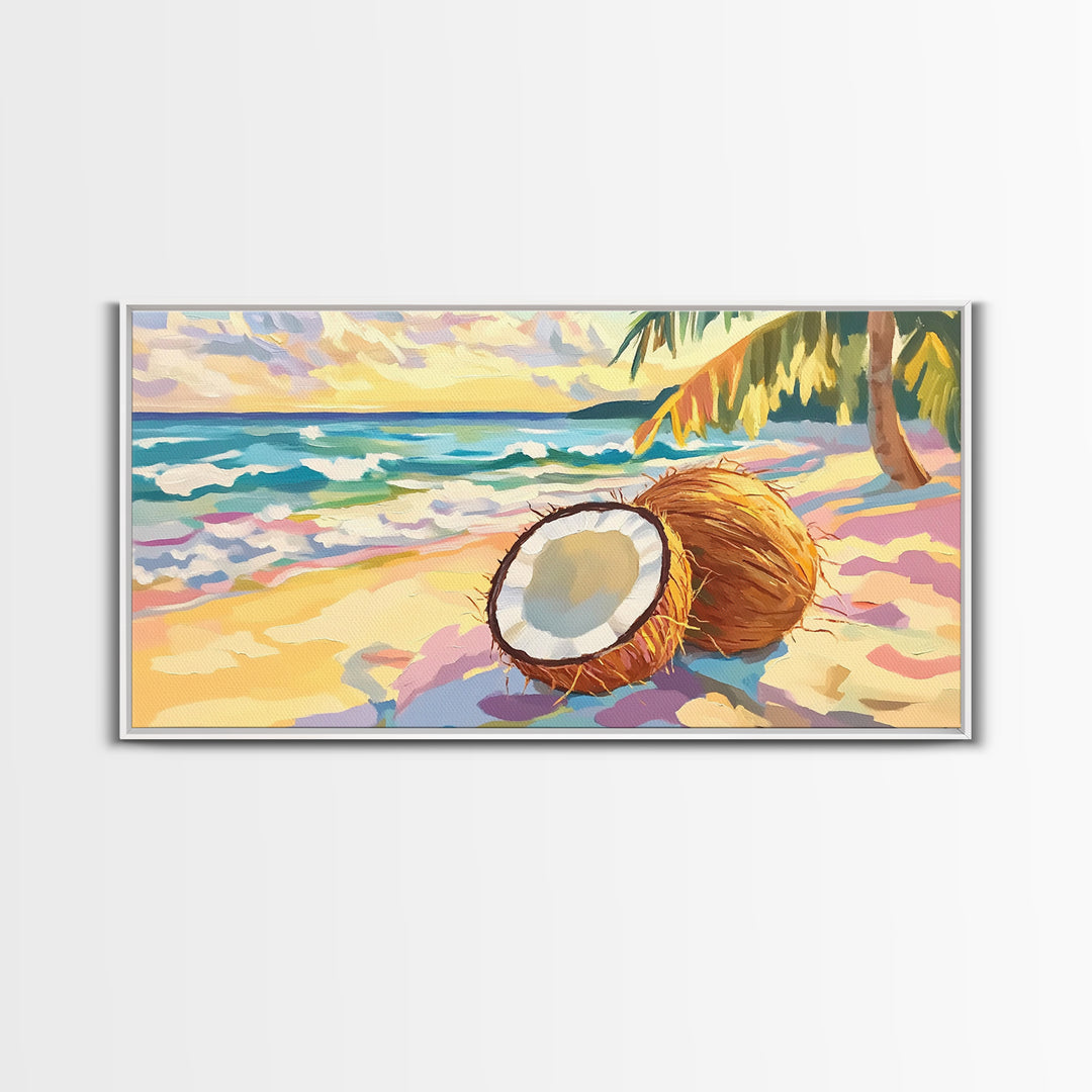 Tropical Coconut Beach Scene Canvas Print, Coastal Wall Art, Ocean Decor, Beach House Decor, Summer Kitchen Art, Gift For Her