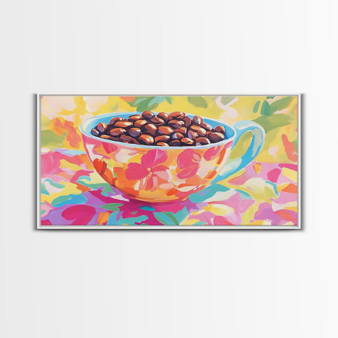 Floral Teacup With Coffee Beans Canvas Print, Coffee Bar Wall Art, Kitchen Decor, Cafe Art, Coffee Lover Gift, Home Decor