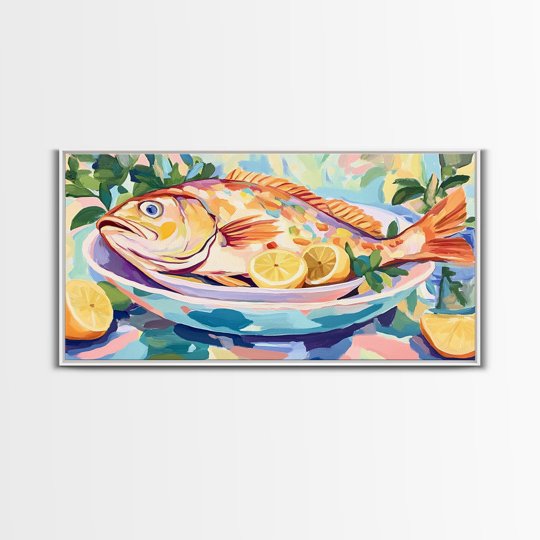 Whole Fish With Lemons On Platter Canvas Print, Coastal Kitchen Wall Art, Seafood Wall Decor, Nautical Home Decor Gift Idea