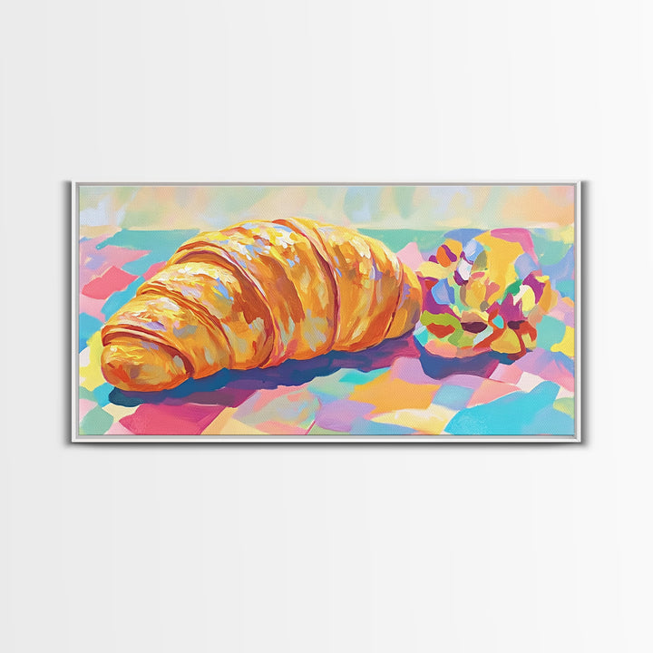 Golden Croissant And Macaron Wall Art, French Bakery Canvas Print, Cafe Kitchen Decor, Food Art Print, Sweet Gift For Baker