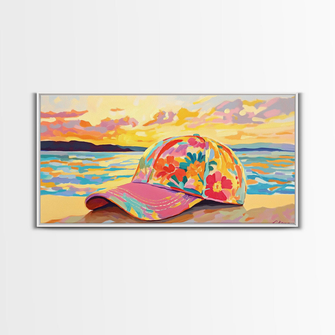 Floral Baseball Cap Wall Art, Beach Sunset Canvas Print, Coastal Cowgirl Decor, Ocean Wall Art, Summer Gift For Her, Beach House Decor