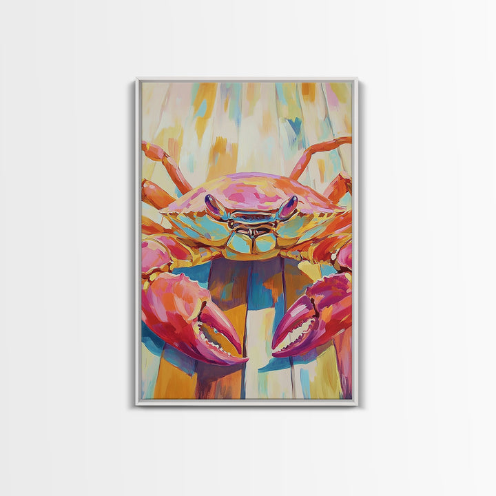 Vibrant Pink Crab On Weathered Dock Wall Art, Coastal Canvas Print For Beach House Decor, Ocean Wall Art, Seafood Gift Print