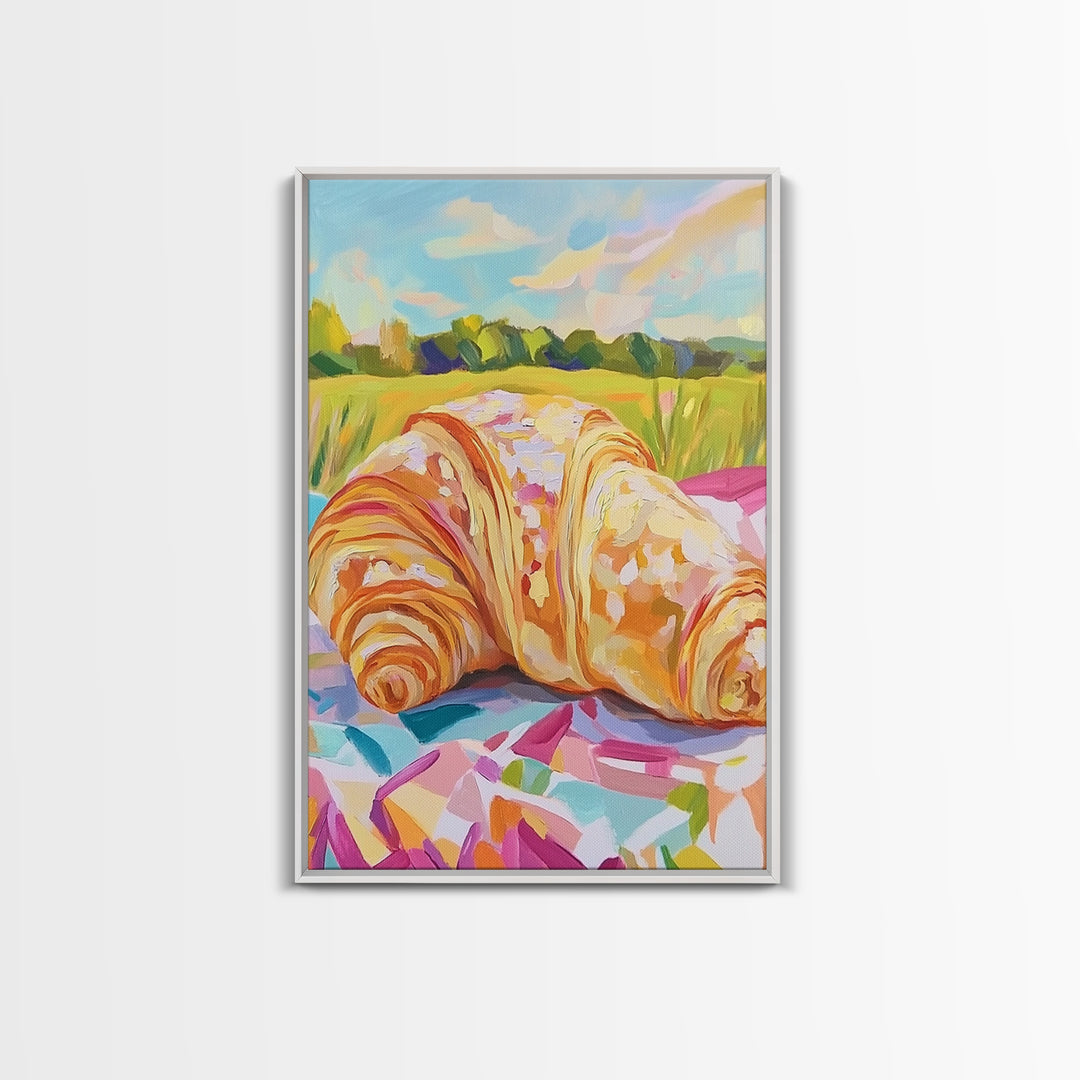 Golden Croissant Picnic In Sunny Field Wall Art, French Bakery Canvas Print For Kitchen Decor, Cafe Art Print, Foodie Gift