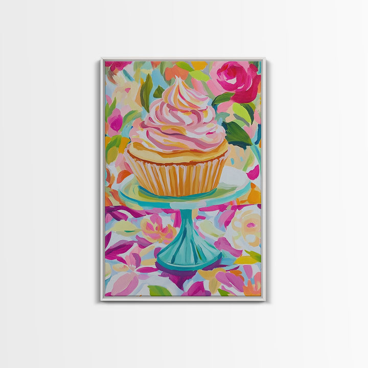 Pink Cupcake On Turquoise Cake Stand Wall Art, Cute Bakery Canvas Print For Kitchen Decor, Girls Room Art, Gift For Baker