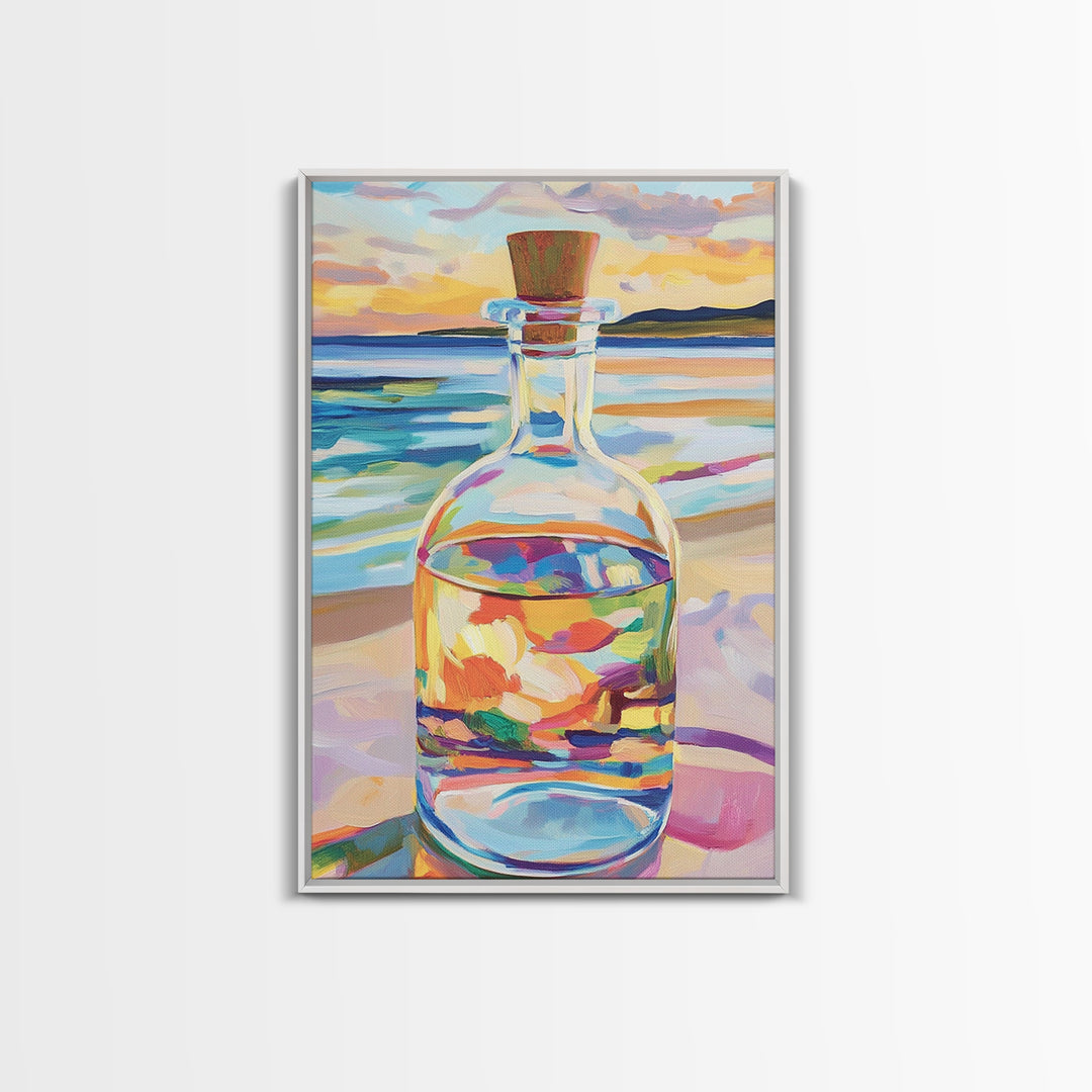 Glass Bottle At Sunset Beach Wall Art, Coastal Canvas Print For Ocean Decor, Seascape Art, Beach House Decor Gift For Her