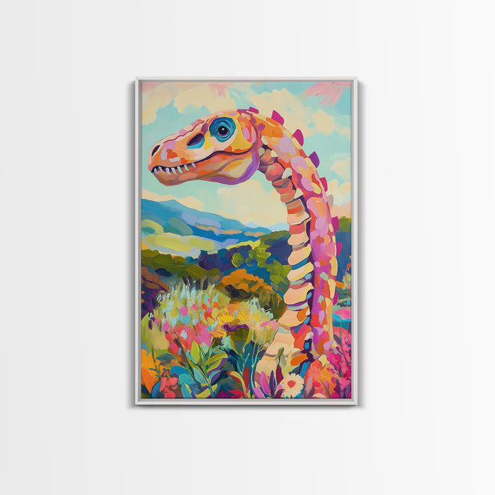 Whimsical Dinosaur In Colorful Hills Framed Canvas Print, Kids Room Wall Art, Nursery Decor, Fantasy Landscape Art Gift Idea
