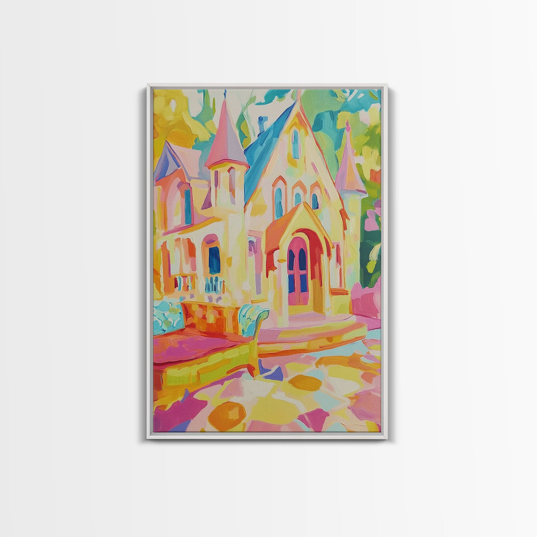 Pastel Storybook Castle With Swan Framed Canvas Print, Whimsical Wall Art, Kids Room Decor, Fairy Tale Nursery Gift For Girls Room