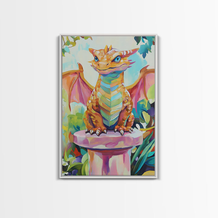 Cute Baby Dragon On Pedestal Canvas Print, Fantasy Wall Art, Whimsical Nursery Decor, Kids Room Art Gift For Dragon Lovers