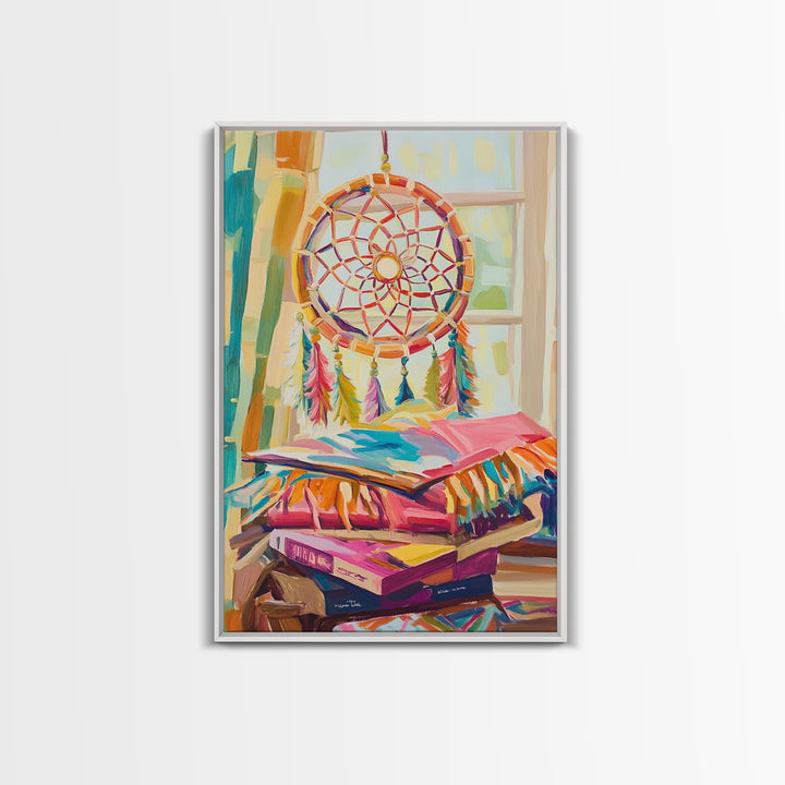 Boho Dreamcatcher And Stacked Books By Window Canvas Print, Whimsical Wall Art, Reading Nook Decor, Colorful Bedroom Art