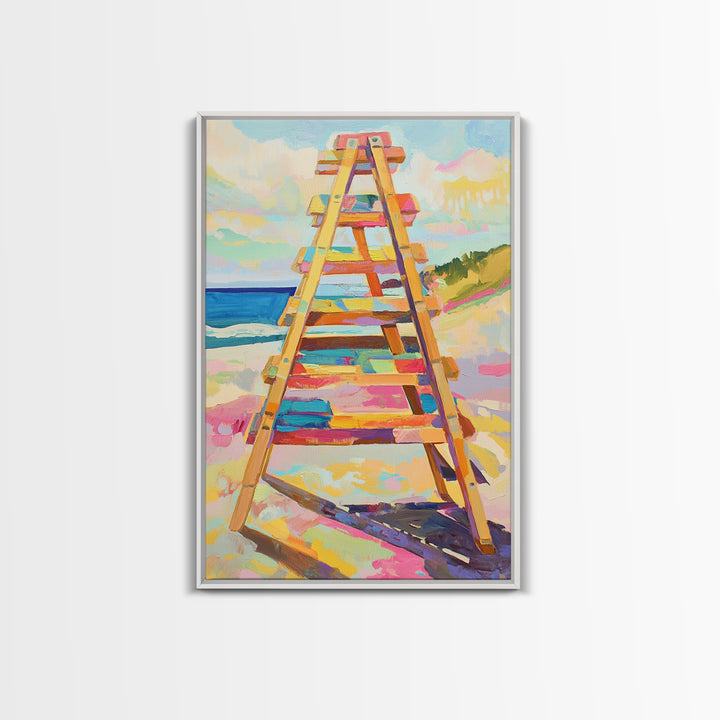 Pastel Beach Ladder Leading To Blue Ocean Wall Art, Coastal Wall Decor, Summer Beach House Decor, Large Canvas Print, Housewarming Gift
