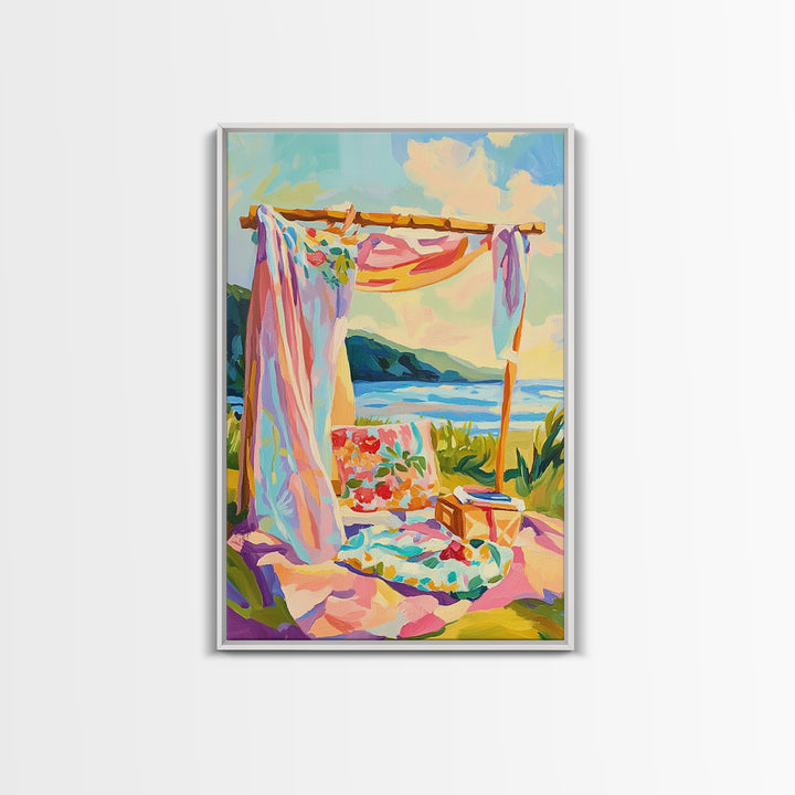Sunny Beach Cabana Picnic Canvas Print, Coastal Wall Art, Tropical Beach House Decor, Summer Ocean Landscape, Gift For Her