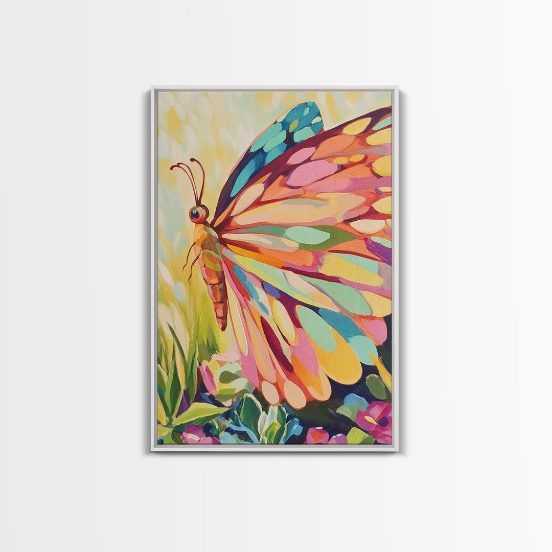Rainbow Butterfly Canvas Print, Colorful Animal Wall Art, Whimsical Garden Decor, Nature Inspired Art, Nursery Wall Art Gift