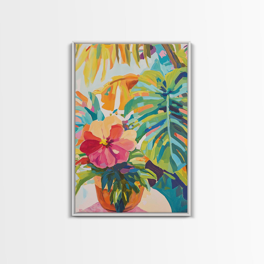 Pink Hibiscus And Monstera Tropical Wall Art, Colorful Botanical Canvas Print, Coastal Boho Living Room Decor, Housewarming Gift