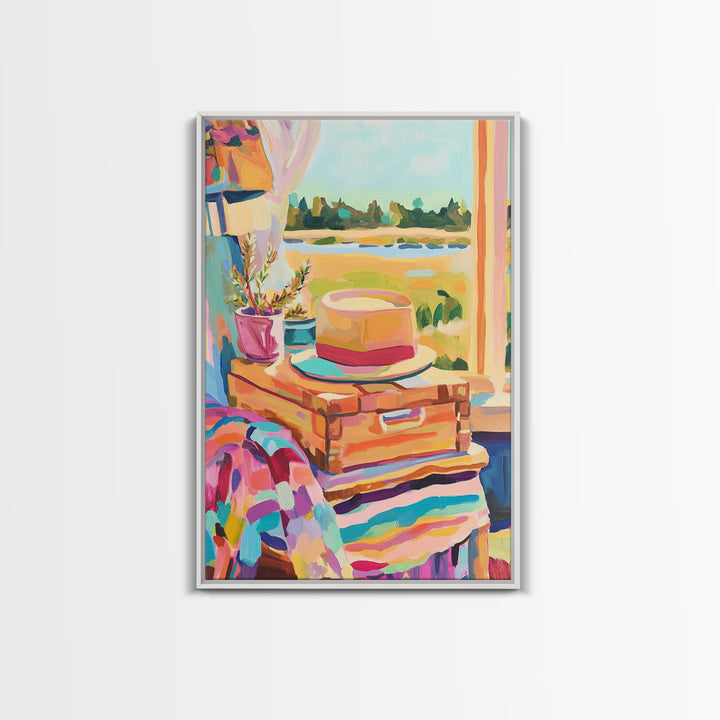 Sun Hat On Suitcase By Coastal Window Wall Art, Travel Canvas Print, Beach House Decor, Summer Bedroom Art, Gift For Her