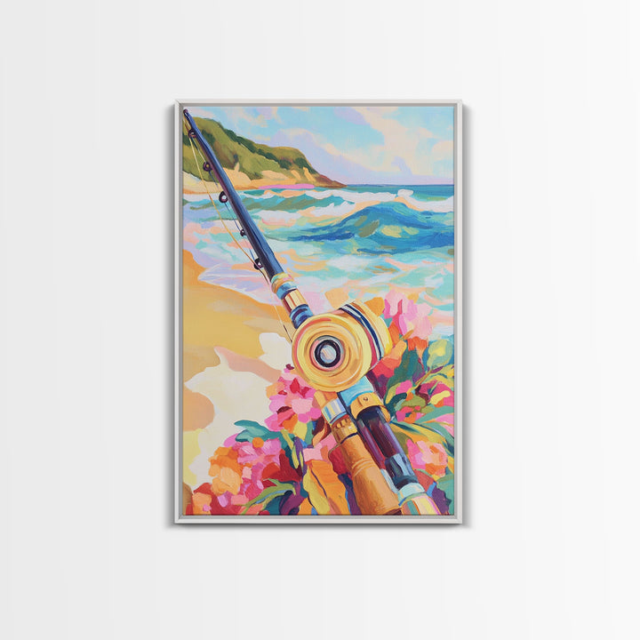 Beach Fishing Rod And Tropical Flowers Canvas Print, Coastal Wall Art, Ocean Wall Decor, Gift For Him, Beach House Decor