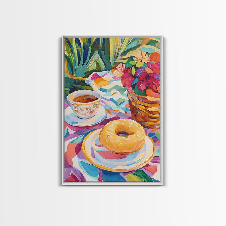Tea Cup And Glazed Donut Garden Picnic Canvas Print, Kitchen Wall Art, Coffee Bar Decor, Whimsical Food Art, Gift For Her