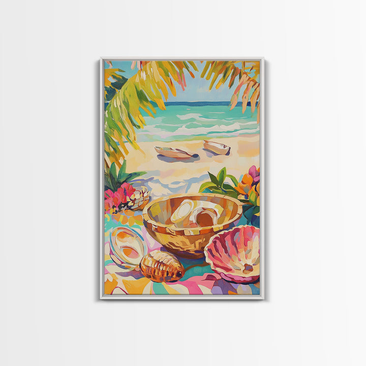 Tropical Seashell Bowl Canvas Print, Coastal Wall Art, Beach House Decor, Ocean Art Print, Summer Living Room Decor, Gift For Her