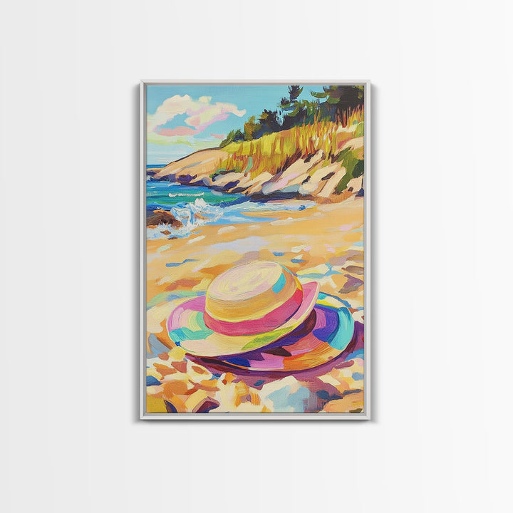 Striped Beach Hat On Shore Canvas Print, Coastal Wall Art, Summer Beach House Decor, Ocean Landscape Art, Gift For Her, Seaside Wall Decor