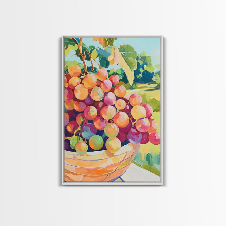 Bowl Of Rosy Grapes Canvas Print, Colorful Kitchen Wall Art, Vineyard Fruit Painting, Dining Room Decor, Housewarming Gift