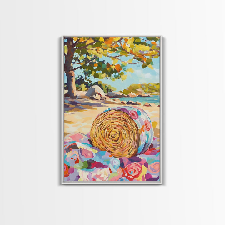 Floral Straw Hat On Sunny Beach Wall Art, Coastal Canvas Print, Tropical Seascape, Beach House Decor, Summer Gift For Her