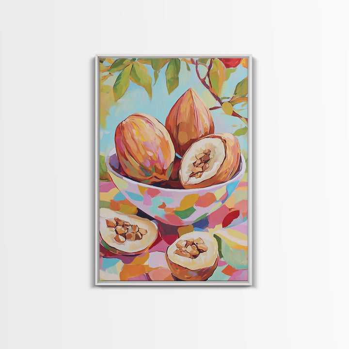 Tropical Cacao Pods In Painted Bowl Wall Art, Colorful Kitchen Canvas Print, Botanical Fruit Still Life, Foodie Home Decor