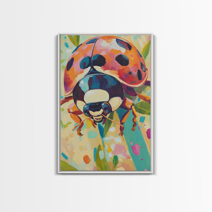 Colorful Ladybug On Green Leaves Canvas Print, Whimsical Animal Wall Art, Nature Inspired Decor, Nursery Art, Garden Lover Gift