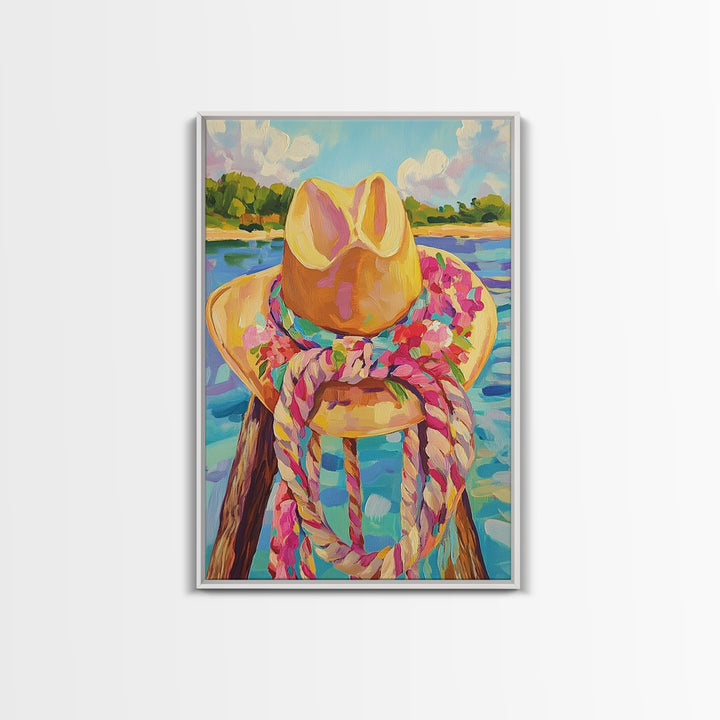Cowgirl Hat And Rope By Lake Framed Canvas Print, Western Wall Art For Coastal Cowgirl Decor And Rustic Home Decor, Living Room Wall Decor