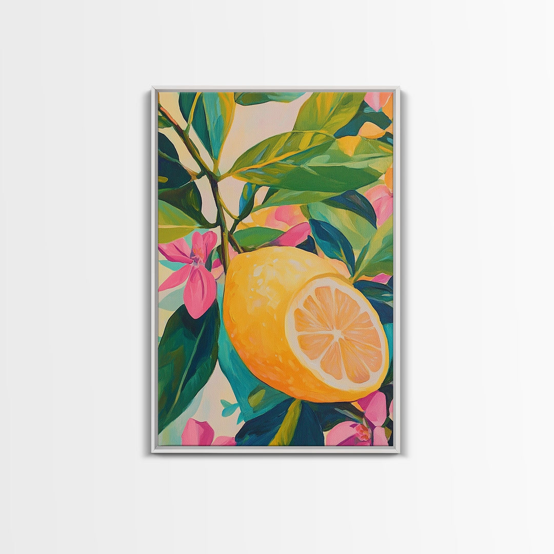 Bright Lemon Branch With Pink Blossoms Wall Art, Botanical Canvas Print For Kitchen Decor, Coastal Home Decor And Gift For Her