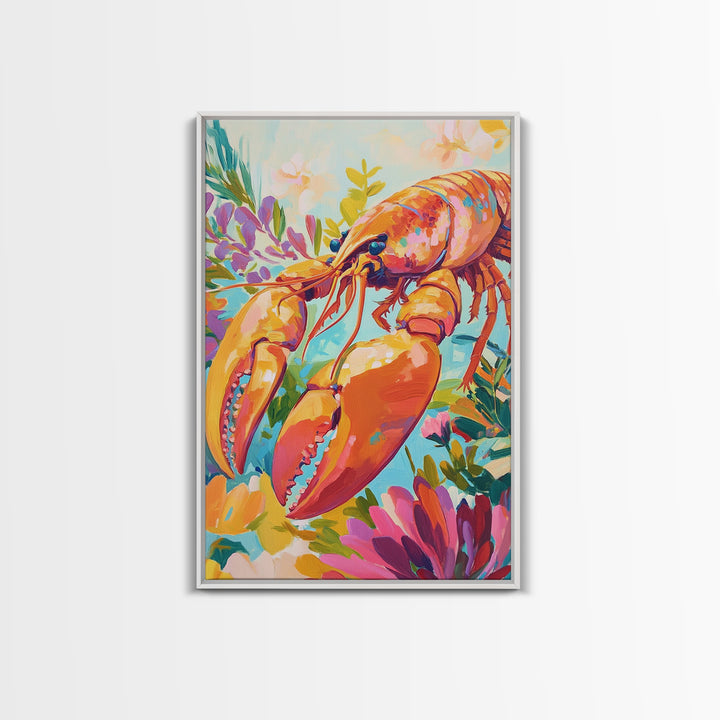 Vibrant Lobster With Garden Florals Canvas Print, Coastal Wall Art, Seafood Wall Decor, Tropical Kitchen Decor, Gift For Her