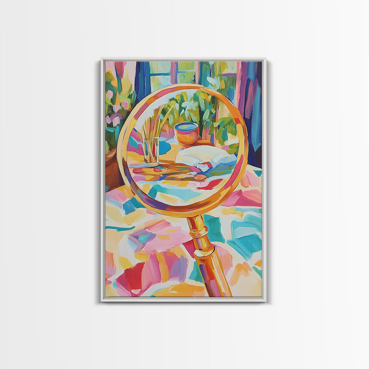 Gold Magnifying Glass With Garden View Canvas Print, Eclectic Wall Art, Botanical Wall Decor, Colorful Still Life Art Print