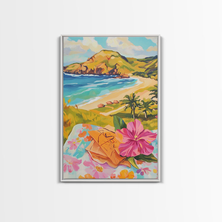 Tropical Beach View With Hibiscus Canvas Print, Coastal Wall Art, Ocean Wall Decor, Summer Landscape, Beach House Decor Gift