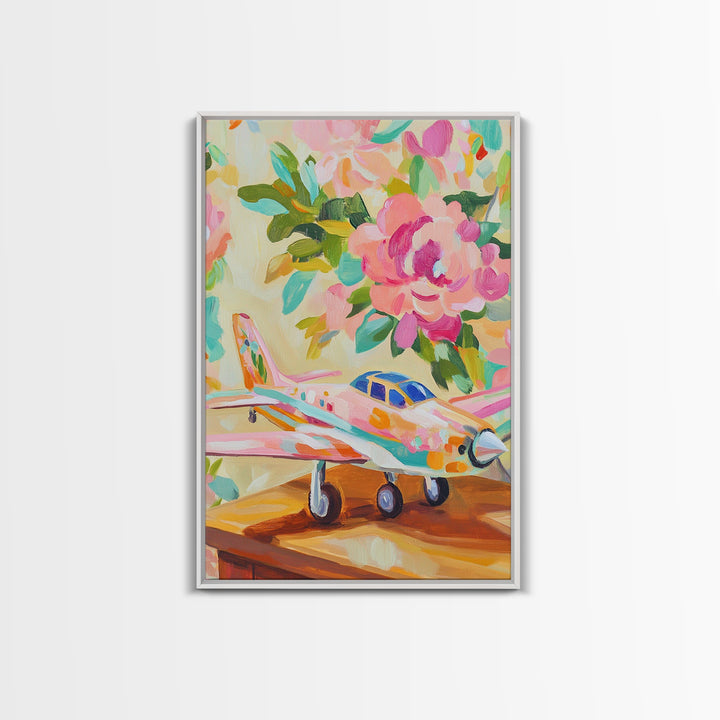 Pink Floral Toy Airplane Canvas Print, Whimsical Aviation Nursery Decor, Kids Room Wall Art, Bright Baby Girl Room Gift Idea