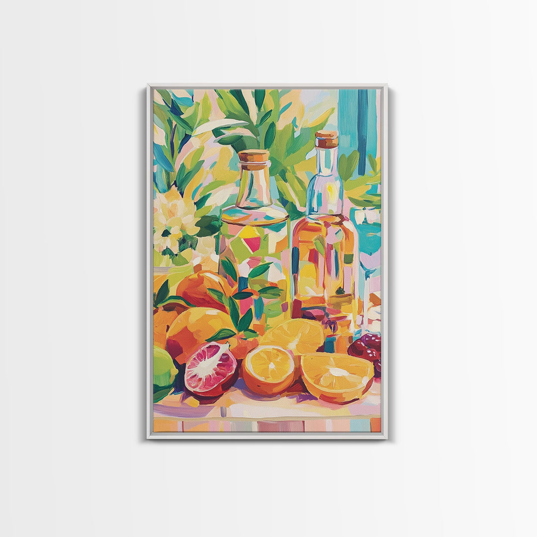 Sunlit Citrus Bottles And Tropical Fruit Canvas Print, Coastal Kitchen Wall Art, Colorful Still Life Dining Room Decor Gift