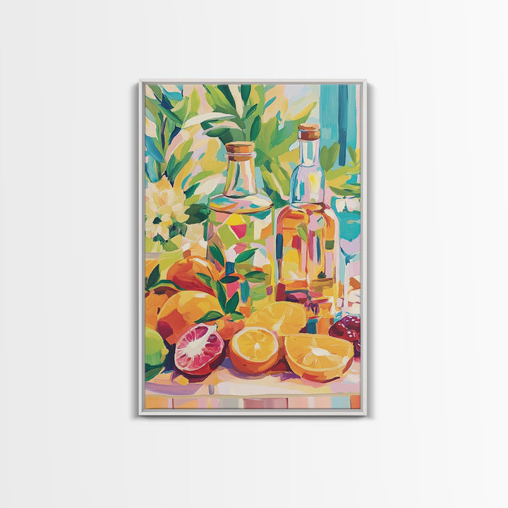 Sunlit Citrus Bottles And Tropical Fruit Canvas Print, Coastal Kitchen Wall Art, Colorful Still Life Dining Room Decor Gift