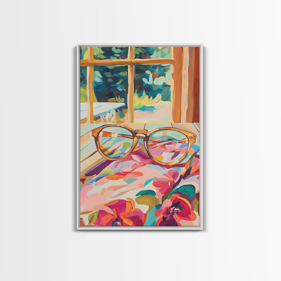 Tortoise Glasses On Floral Fabric Wall Art, Cozy Reading Nook Canvas Print, Book Lover Decor, Feminine Home Decor, Gift For Her