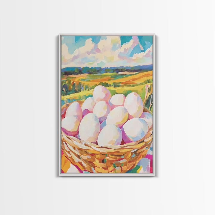Farm Fresh Eggs In Wicker Basket Wall Art, Country Landscape Canvas Print, Rustic Farmhouse Kitchen Decor, Housewarming Gift