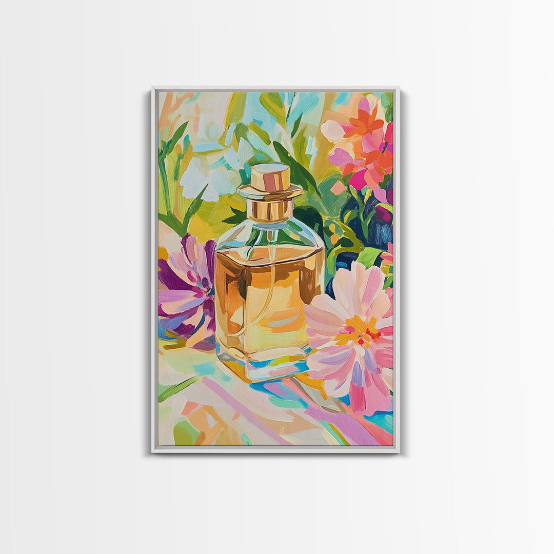 Golden Perfume Bottle With Pink Flowers Framed Canvas Print, Feminine Wall Art, Bathroom Decor, Floral Home Decor, Gift For Her