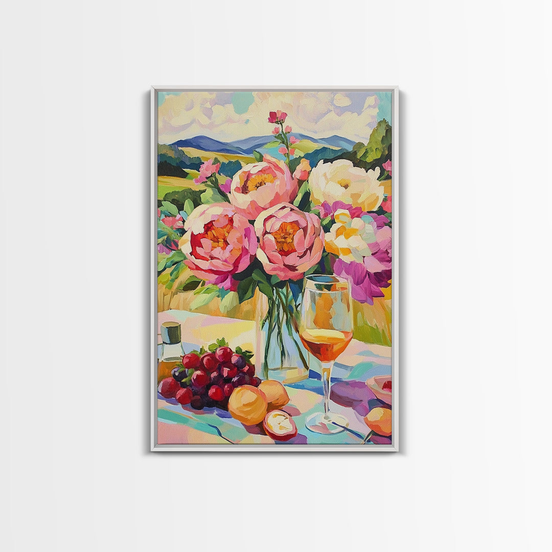 Pink Peony Bouquet With Wine And Grapes Canvas Print, French Country Kitchen Decor, Floral Wall Art, Housewarming Gift For Her