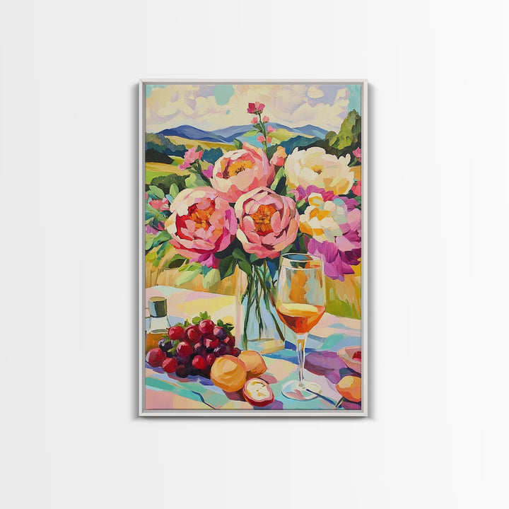 Pink Peony Bouquet With Wine And Grapes Canvas Print, French Country Kitchen Decor, Floral Wall Art, Housewarming Gift For Her