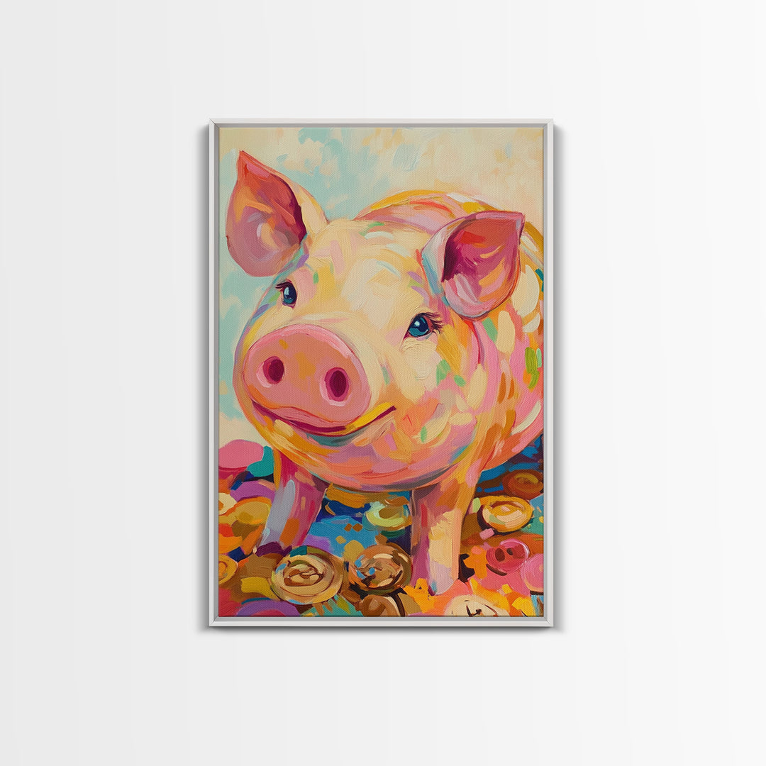 Smiling Pink Pig With Golden Coins Canvas Print, Cute Farm Animal Wall Art, Playful Nursery Decor, Whimsical Gift For Kids