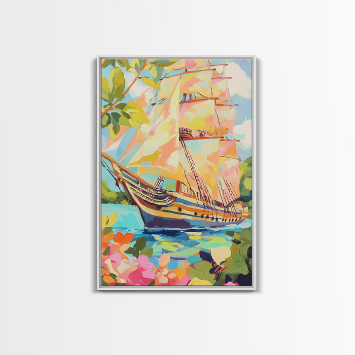 Tall Ship In Blooming Harbor Canvas Print, Nautical Sailboat Painting, Coastal Wall Art, Beach House Decor Gift For Her Home