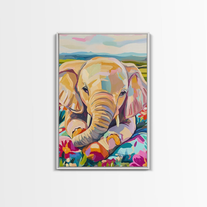 Baby Elephant With Flowers Canvas Print, Whimsical Animal Wall Art, Nursery Decor, Safari Nursery Art, Kids Room Decor, Gift