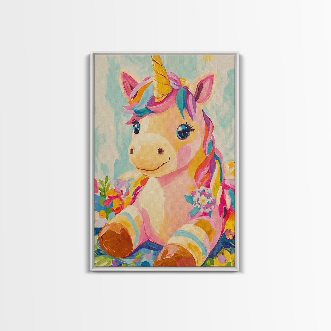 Cute Unicorn With Rainbow Mane Canvas Print, Whimsical Nursery Wall Art, Kids Room Decor, Baby Girl Nursery, Gift For Her