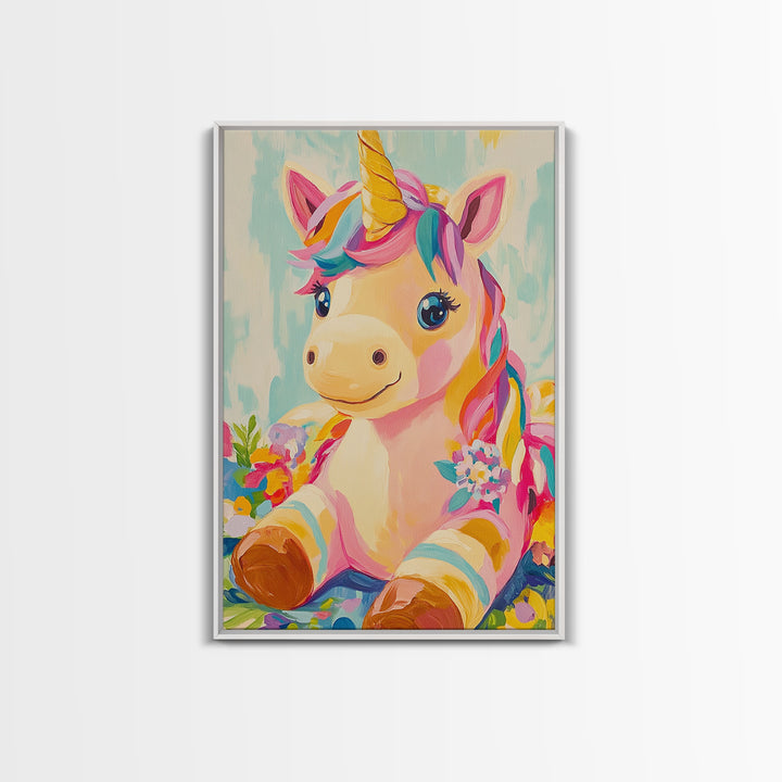 Cute Unicorn With Rainbow Mane Canvas Print, Whimsical Nursery Wall Art, Kids Room Decor, Baby Girl Nursery, Gift For Her