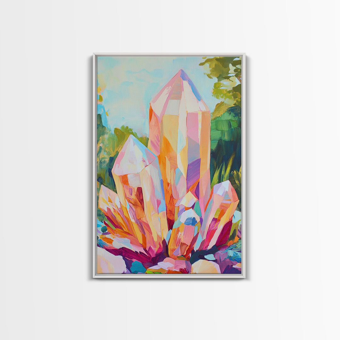 Pastel Crystal Cluster Framed Canvas Print, Celestial Wall Art, Mystical Home Decor, Spiritual Gift, Colorful Art Prints