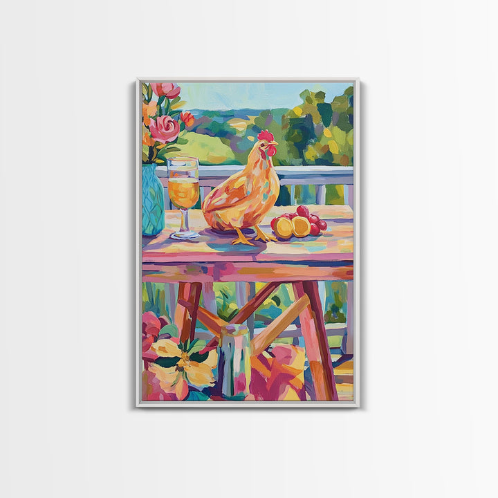 Sunny Chicken Patio Still Life Framed Canvas Print, Farmhouse Kitchen Wall Art, Country Decor, Wine And Fruit Housewarming Gift