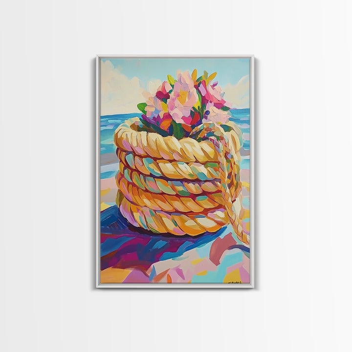 Rope Basket With Pink Beach Flowers Canvas Print, Coastal Wall Art, Beach House Decor, Tropical Ocean Living Room Decor Print