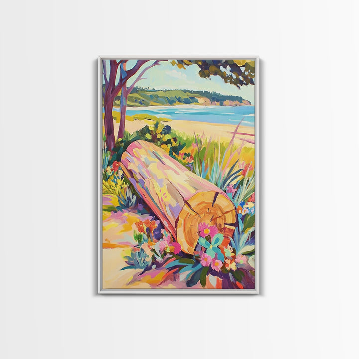 Sunlit Driftwood Log On Beach Wall Art, Coastal Landscape Canvas Print, Ocean Wall Decor, Beach House Art, Nature Wall Art