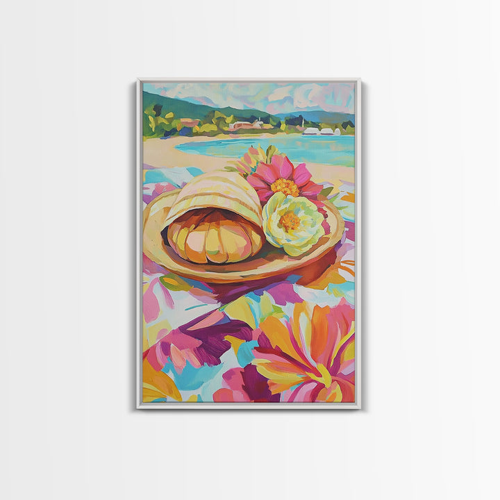 Scallop Shell And Pink Flowers By Turquoise Bay Canvas Print, Coastal Wall Art, Beach House Decor, Summer Kitchen Art, Gift For Her