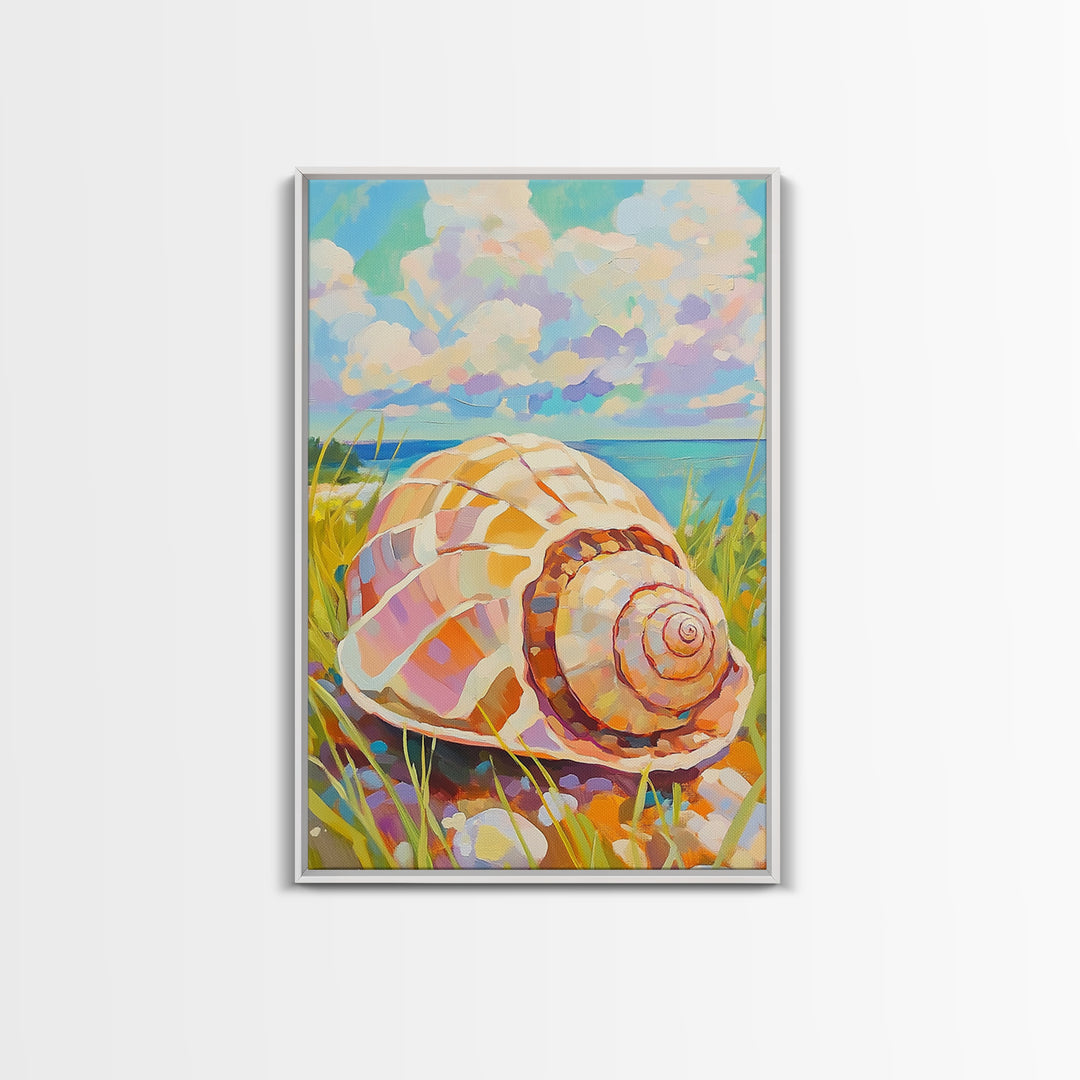 Pastel Conch Shell In Dune Grass Canvas Print, Coastal Wall Art, Beach House Decor, Ocean Wall Art, Summer Home Decor, Gift For Her